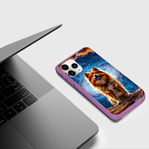 Чехол iPhone 11 Pro матовый Финский лаппхунд в космосе / 3D-Фиолетовый – фото 3