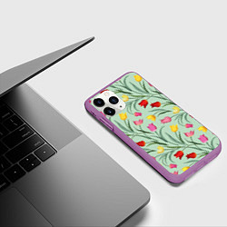 Чехол iPhone 11 Pro матовый Тюльпаны цветочный паттерн на светло-зелёном фоне, цвет: 3D-фиолетовый — фото 2