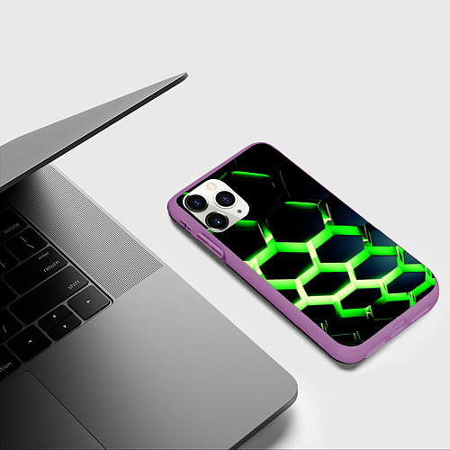 Чехол iPhone 11 Pro матовый Neon Honeycombs / 3D-Фиолетовый – фото 3