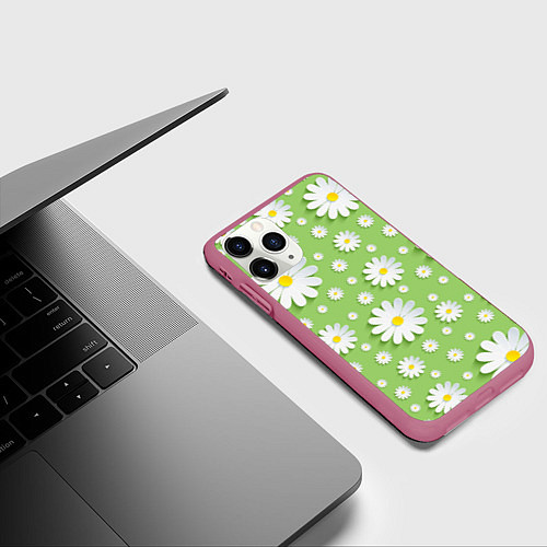 Чехол iPhone 11 Pro матовый Ромашки бумажные / 3D-Малиновый – фото 3