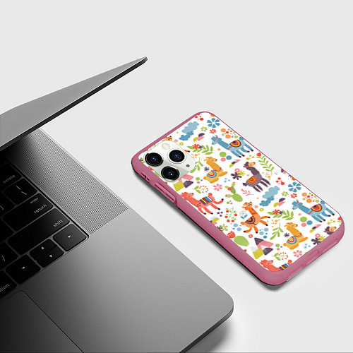 Чехол iPhone 11 Pro матовый Ламы паттерн / 3D-Малиновый – фото 3