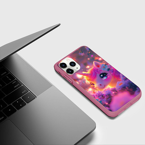 Чехол iPhone 11 Pro матовый Единорог и светлячки / 3D-Малиновый – фото 3
