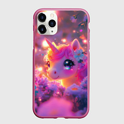 Чехол iPhone 11 Pro матовый Единорог и светлячки, цвет: 3D-малиновый