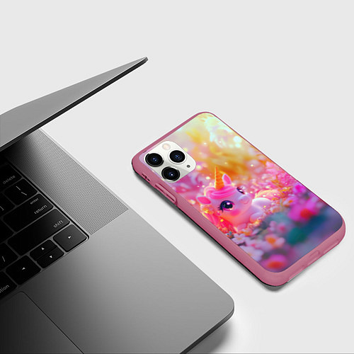 Чехол iPhone 11 Pro матовый Маленькая милая единорожка / 3D-Малиновый – фото 3