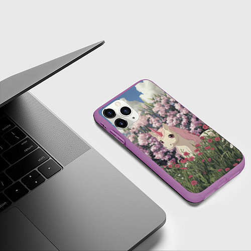 Чехол iPhone 11 Pro матовый Единорог на фоне сирени / 3D-Фиолетовый – фото 3
