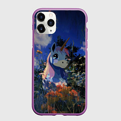 Чехол iPhone 11 Pro матовый Синий единорог в кустах, цвет: 3D-фиолетовый