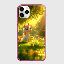 Чехол iPhone 11 Pro матовый Единорог в летнем лесу, цвет: 3D-малиновый