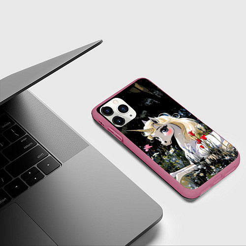 Чехол iPhone 11 Pro матовый Единорожка с золотыми копытами / 3D-Малиновый – фото 3