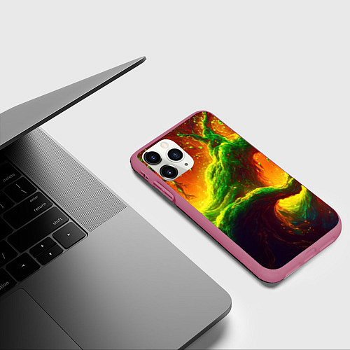 Чехол iPhone 11 Pro матовый Абстракция зеленые волны в виде корня / 3D-Малиновый – фото 3