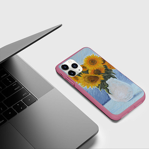 Чехол iPhone 11 Pro матовый Подсолнухи в вазе / 3D-Малиновый – фото 3