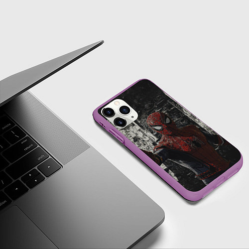 Чехол iPhone 11 Pro матовый Spider man night / 3D-Фиолетовый – фото 3