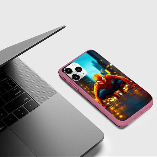 Чехол iPhone 11 Pro матовый Человек паук на старте / 3D-Малиновый – фото 3
