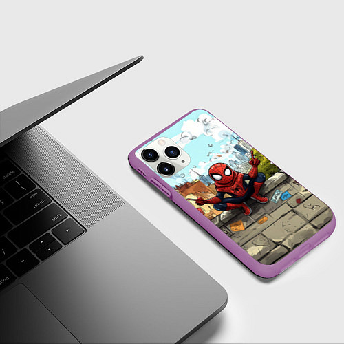 Чехол iPhone 11 Pro матовый Маленький человек-паук в городе / 3D-Фиолетовый – фото 3