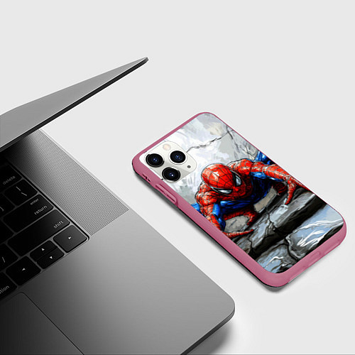 Чехол iPhone 11 Pro матовый Человек-паук палзет на стене / 3D-Малиновый – фото 3
