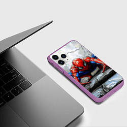 Чехол iPhone 11 Pro матовый Человек-паук палзет на стене, цвет: 3D-фиолетовый — фото 2