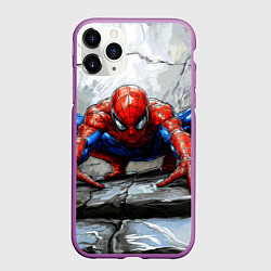 Чехол iPhone 11 Pro матовый Человек-паук палзет на стене, цвет: 3D-фиолетовый
