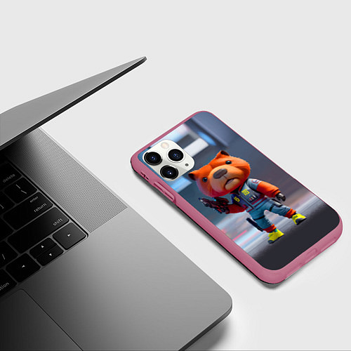 Чехол iPhone 11 Pro матовый Крутой капибара с пистолетом - киберпанк фантазия / 3D-Малиновый – фото 3