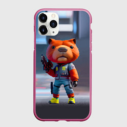 Чехол iPhone 11 Pro матовый Крутой капибара с пистолетом - киберпанк фантазия, цвет: 3D-малиновый