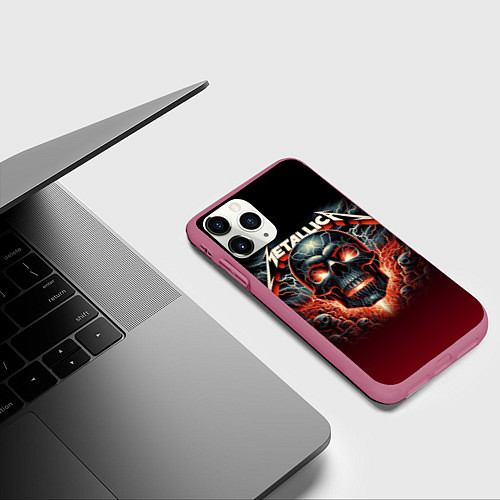 Чехол iPhone 11 Pro матовый Metallica - fire skull / 3D-Малиновый – фото 3