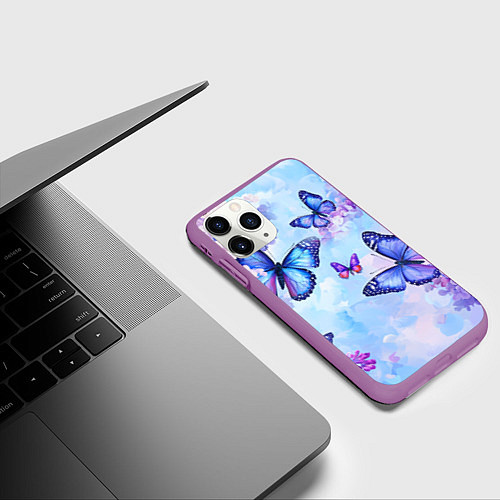 Чехол iPhone 11 Pro матовый Бабочки и сирень - нежная голубая живопись / 3D-Фиолетовый – фото 3