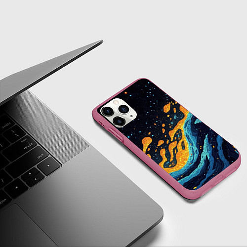 Чехол iPhone 11 Pro матовый Оранжевы и бирюзовые волны абстракция / 3D-Малиновый – фото 3