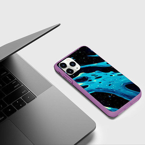 Чехол iPhone 11 Pro матовый Синие волны краски на черном / 3D-Фиолетовый – фото 3