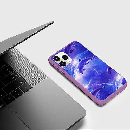 Чехол iPhone 11 Pro матовый Дельфины в волшебном море паттерн / 3D-Фиолетовый – фото 3