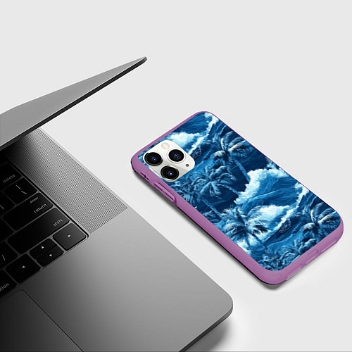 Чехол iPhone 11 Pro матовый Пальмы и волны - голубые оттенки паттерн / 3D-Фиолетовый – фото 3