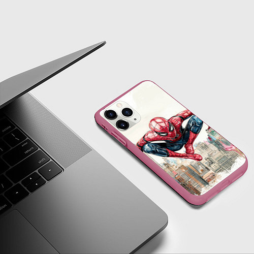 Чехол iPhone 11 Pro матовый Человек паук паркур / 3D-Малиновый – фото 3