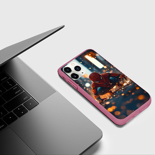 Чехол iPhone 11 Pro матовый Человек паук и золотая пыльца / 3D-Малиновый – фото 3
