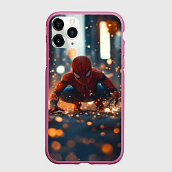 Чехол iPhone 11 Pro матовый Человек паук и золотая пыльца, цвет: 3D-малиновый