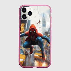 Чехол iPhone 11 Pro матовый Человек-паук пробирается сквозь такси, цвет: 3D-малиновый