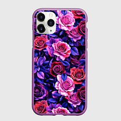 Чехол iPhone 11 Pro матовый Разноцветные цветы - синие розы паттерн, цвет: 3D-фиолетовый