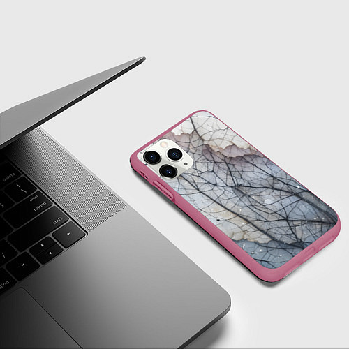 Чехол iPhone 11 Pro матовый Прожилки листьев / 3D-Малиновый – фото 3