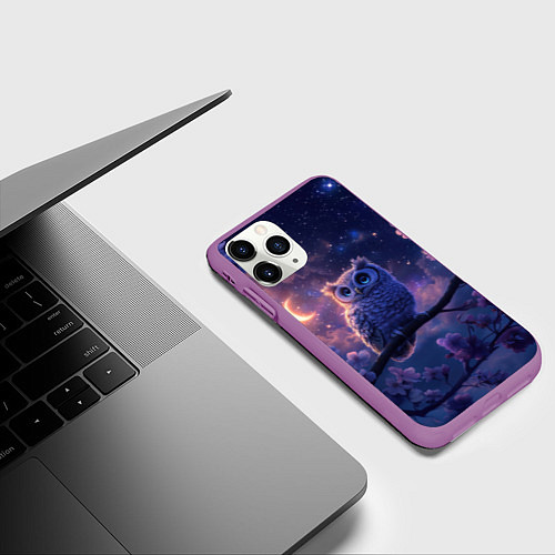 Чехол iPhone 11 Pro матовый Ночная сова на ветке / 3D-Фиолетовый – фото 3