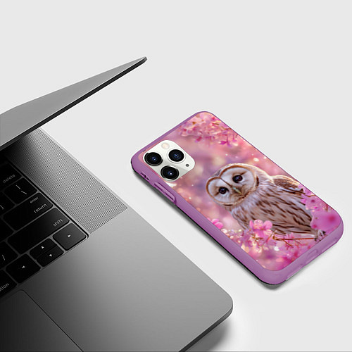 Чехол iPhone 11 Pro матовый Белая сова и розовые цветы / 3D-Фиолетовый – фото 3