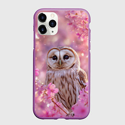 Чехол iPhone 11 Pro матовый Белая сова и розовые цветы, цвет: 3D-фиолетовый