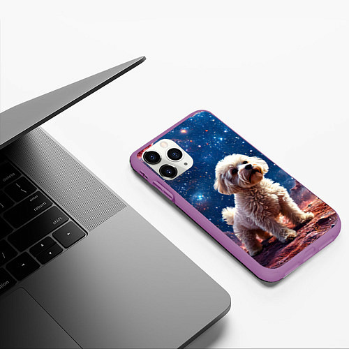 Чехол iPhone 11 Pro матовый Бишон в космосе / 3D-Фиолетовый – фото 3