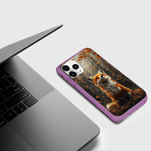 Чехол iPhone 11 Pro матовый Довольный лис в лесной чаще / 3D-Фиолетовый – фото 3