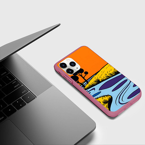 Чехол iPhone 11 Pro матовый Пейзаж с фантастической природой / 3D-Малиновый – фото 3