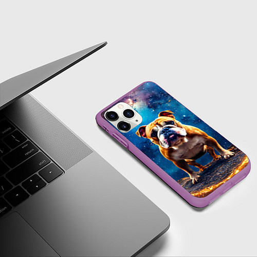 Чехол iPhone 11 Pro матовый Бульдог в космосе / 3D-Фиолетовый – фото 3