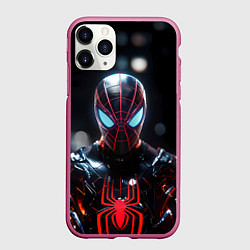 Чехол iPhone 11 Pro матовый Спайдер-мен в мото костюме, цвет: 3D-малиновый