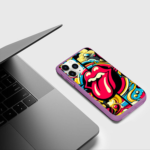 Чехол iPhone 11 Pro матовый Rolling Stones logo - pop art pattern / 3D-Фиолетовый – фото 3