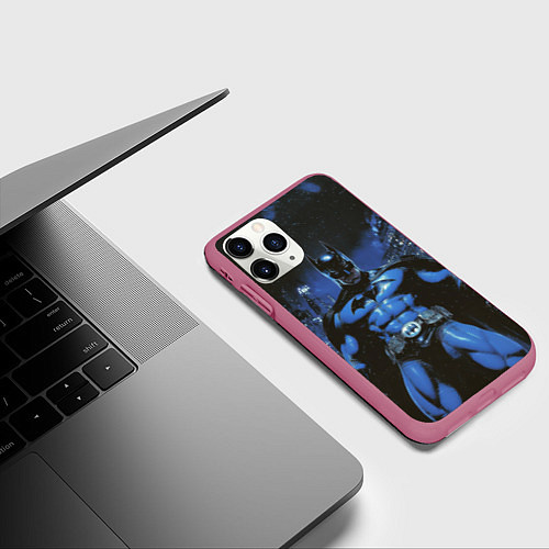 Чехол iPhone 11 Pro матовый Бэтмен синий город / 3D-Малиновый – фото 3