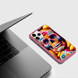 Чехол iPhone 11 Pro матовый Цветочный череп среди бананов - нейроарт, цвет: 3D-малиновый — фото 2