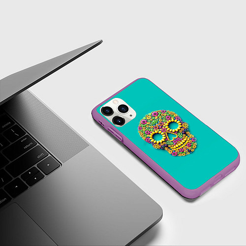 Чехол iPhone 11 Pro матовый Цветочный череп / 3D-Фиолетовый – фото 3