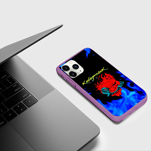 Чехол iPhone 11 Pro матовый Киберпанк голубой огонь / 3D-Фиолетовый – фото 3