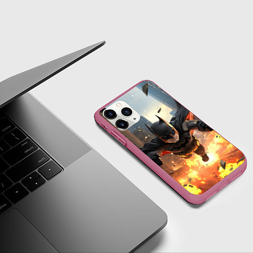 Чехол iPhone 11 Pro матовый Бэтмен в полете над огнем / 3D-Малиновый – фото 3