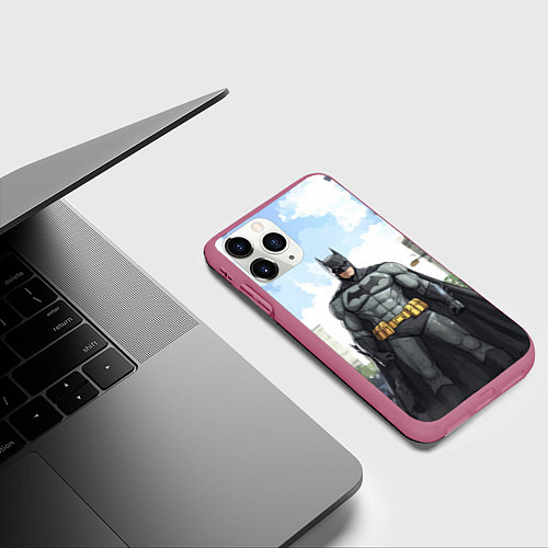 Чехол iPhone 11 Pro матовый Бэтмен стоит на улице / 3D-Малиновый – фото 3