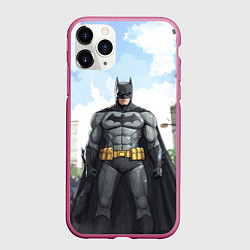 Чехол iPhone 11 Pro матовый Бэтмен стоит на улице, цвет: 3D-малиновый